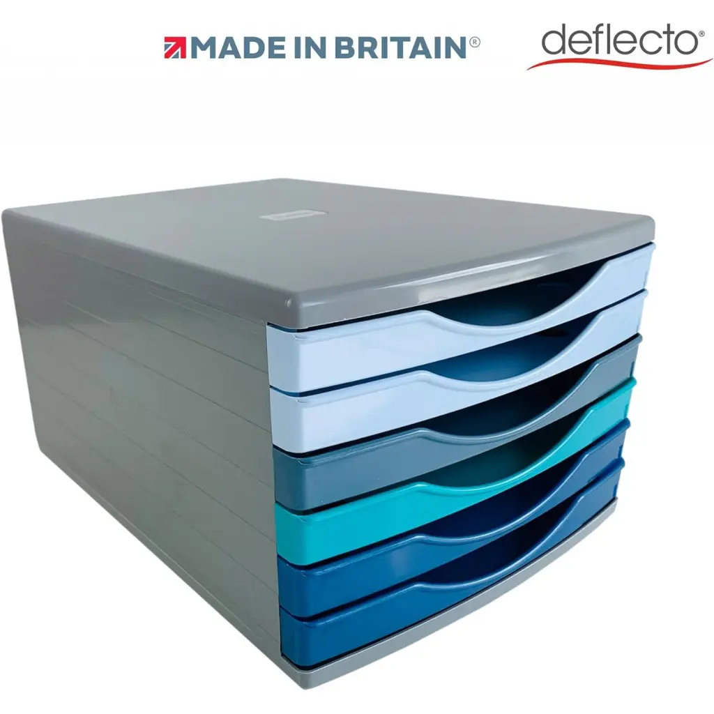 Deflecto Cool Breeze A4 Desktop Drawer Organiser 6 Drawers - 6 x 30mm Drawer Tower Unit Deep Blue and Aqua - CP146YTCB