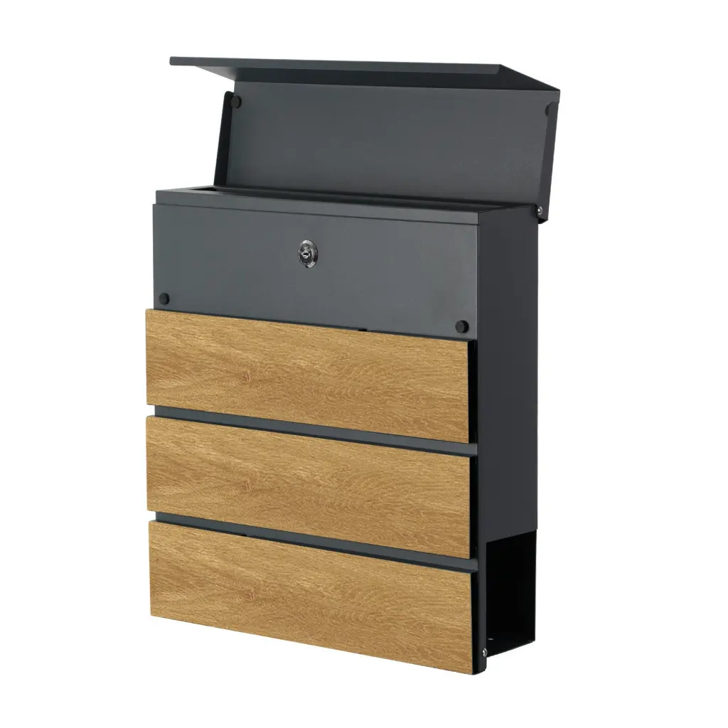 Phoenix Estilo Top Loading Letter Box With Key Lock Graphite Grey and Wood - MB0126KS