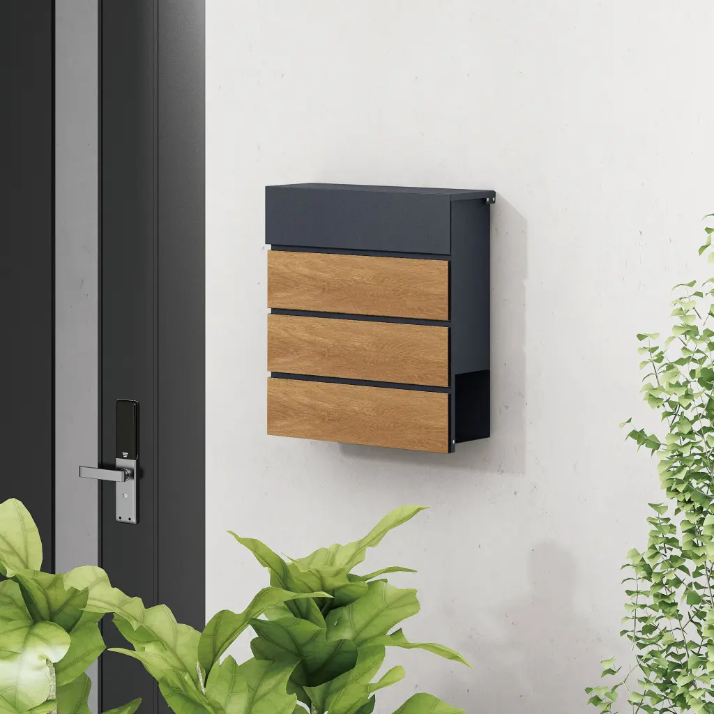 Phoenix Estilo Top Loading Letter Box With Key Lock Graphite Grey and Wood - MB0126KS