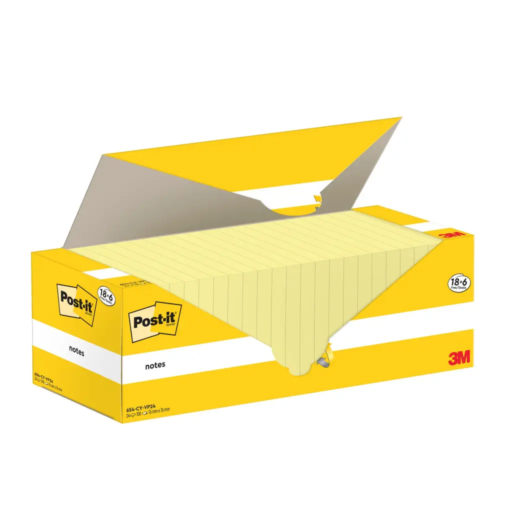 Post-it Notes 76x76mm Canary Yellow Promo Pack 100 Sheets per Pad (Pack 18 + 6 Free) - 7100319213