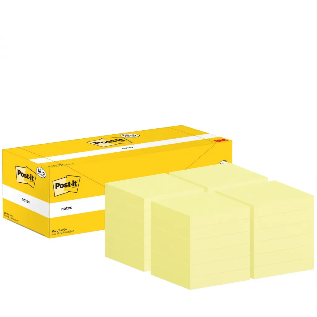 Post-it Notes 76x76mm Canary Yellow Promo Pack 100 Sheets per Pad (Pack 18 + 6 Free) - 7100319213