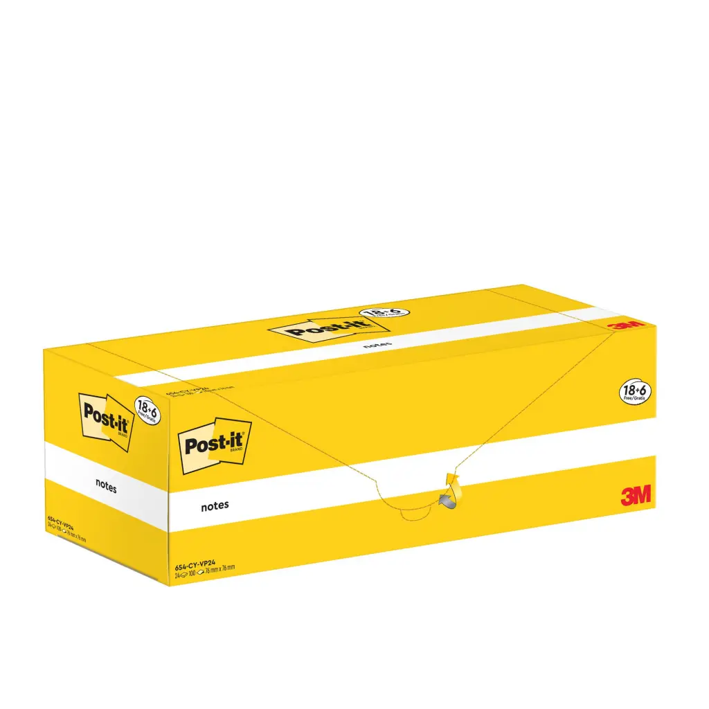 Post-it Notes 76x76mm Canary Yellow Promo Pack 100 Sheets per Pad (Pack 18 + 6 Free) - 7100319213