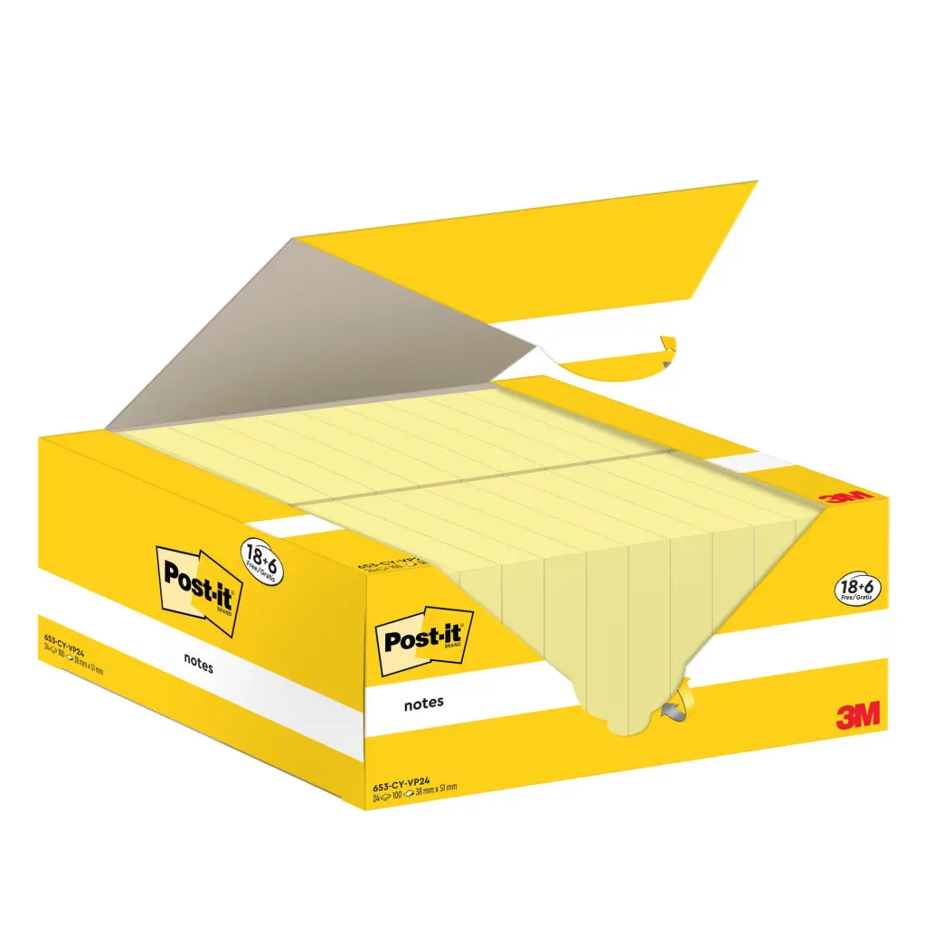 Post-it  Notes 38x51mm Canary Yellow Promo Pack 100 Sheets per Pad (Pack 18 + 6 Free) - 7100317764