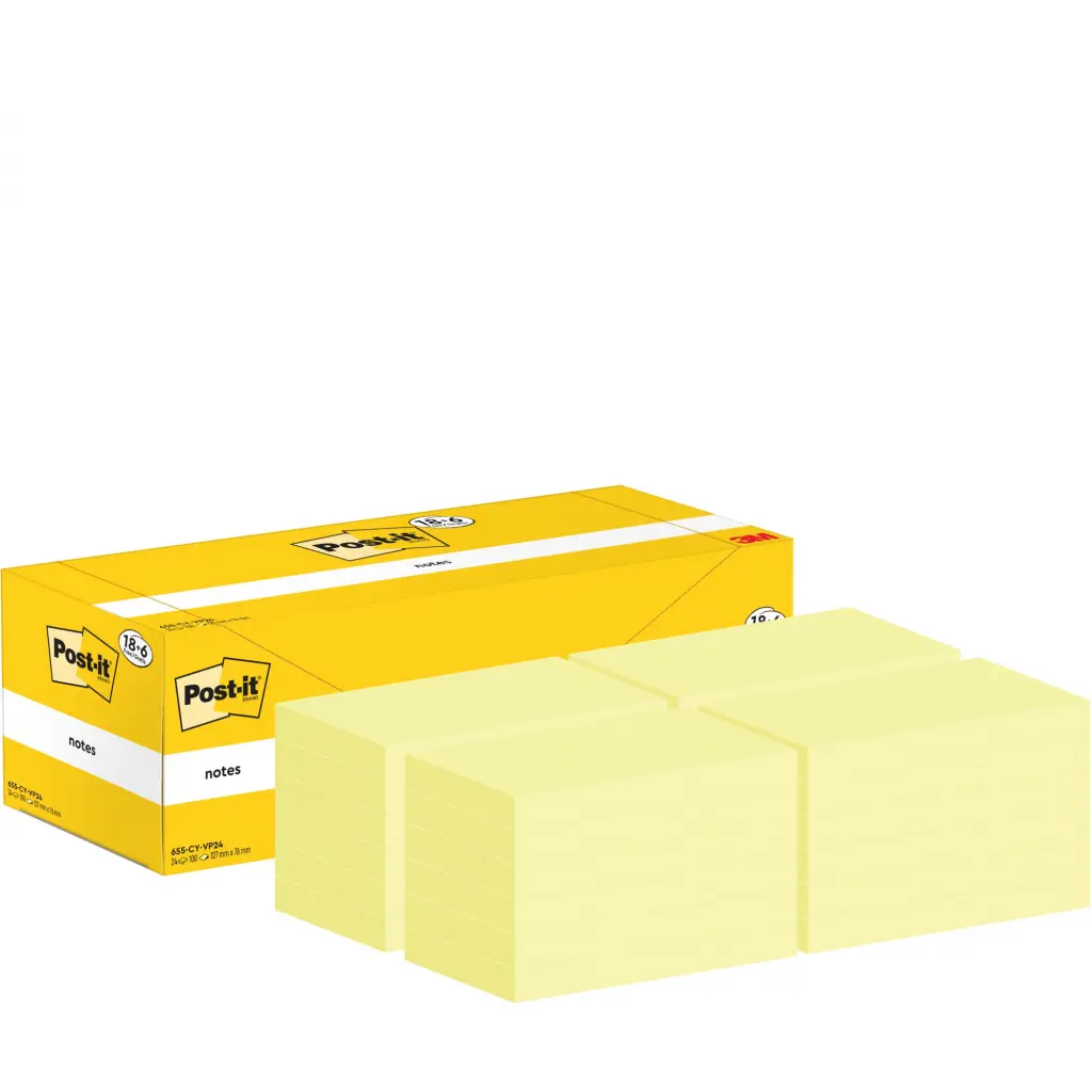 Post-it  Notes 76x127mm Canary Yellow Promo Pack 100 Sheets per Pad (Pack 18 + 6 Free) - 7100317836