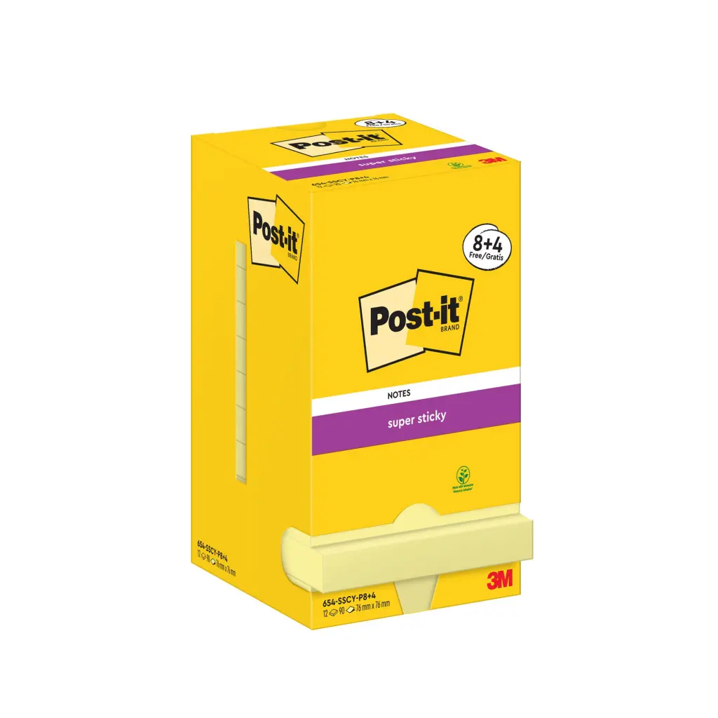 Post-it Super Sticky Notes 76x76mm Canary Yellow Promo Pack 90 Sheets per Pad (Pack 8 + 4 Free) - 7100290174