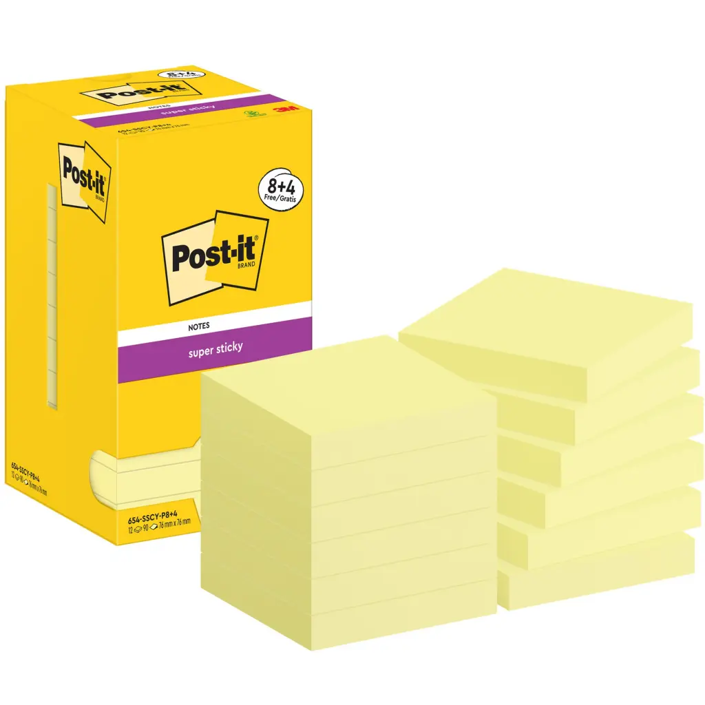 Post-it Super Sticky Notes 76x76mm Canary Yellow Promo Pack 90 Sheets per Pad (Pack 8 + 4 Free) - 7100290174