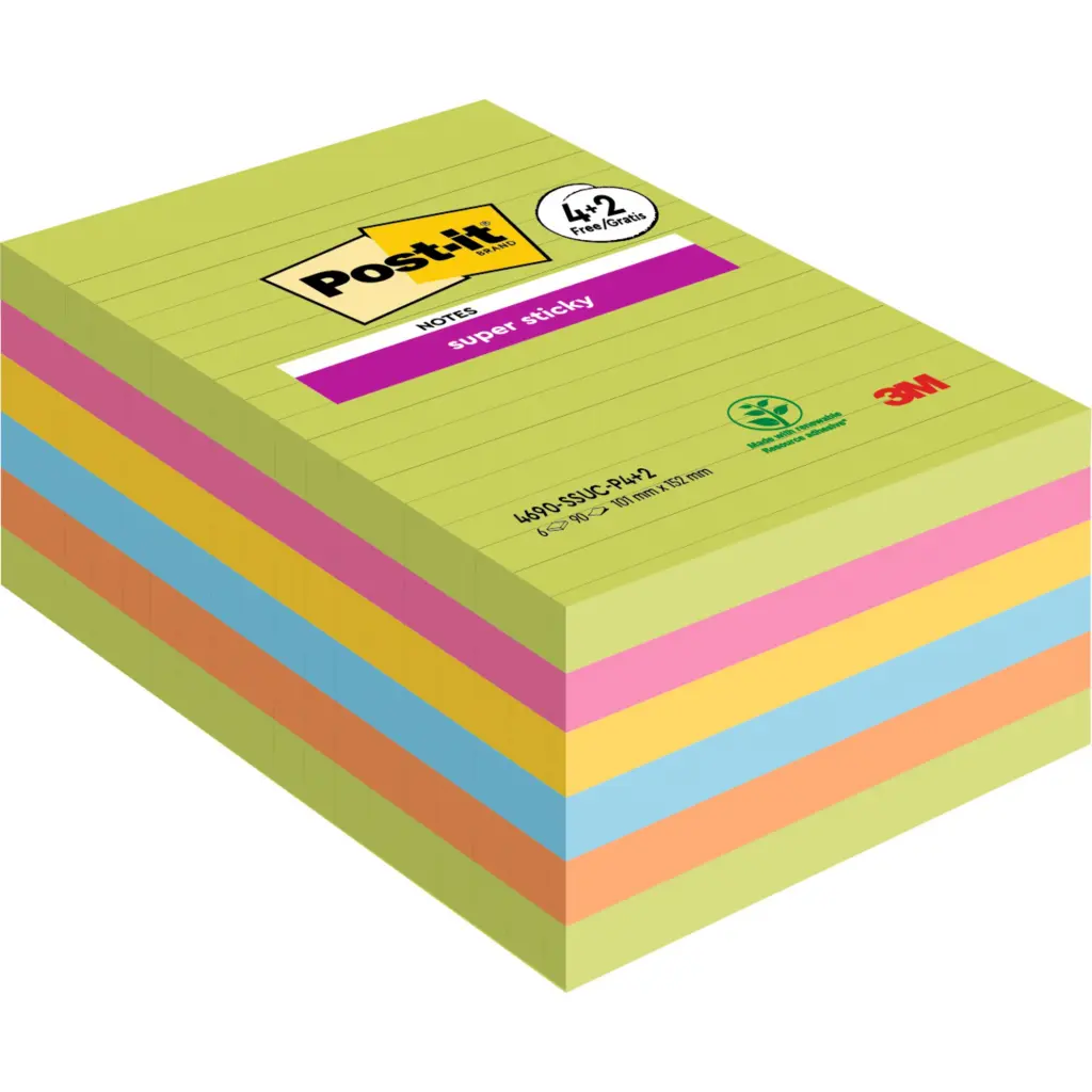 Post-it Super Sticky Large Notes Lined 101x152mm Assorted Colours Promo Pack 90 Sheets per Pad (Pack 4 + 2 Free) - 7100263461