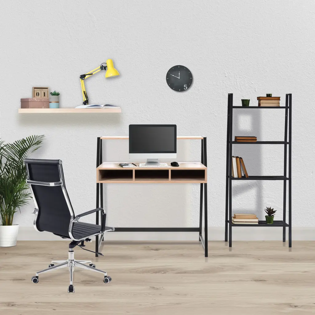 Nautilus Designs Vienna Compact Two Tier Workstation with Stylish Feature Frame and Upper Storage Shelf Oak Finish Black Frame - BDW/I203/BK-OK