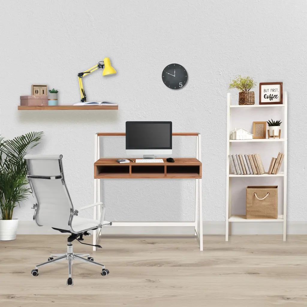 Nautilus Designs Vienna Compact Two Tier Workstation with Stylish Feature Frame and Upper Storage Shelf Walnut Finish White Frame - BDW/I203/WH-WN