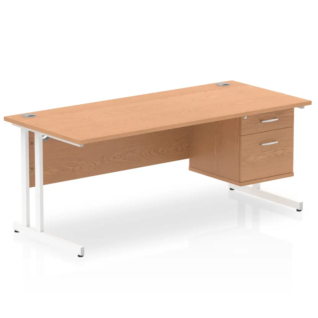 Dynamic Impulse W1800 x D800 x H730mm Straight Office Desk Cantilever Leg With 1 x 2 Drawer Fixed Pedestal Oak Finish White Frame - MI002664