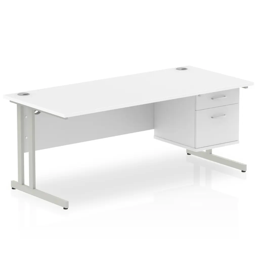 Dynamic Impulse W1800 x D800 x H730mm Straight Office Desk Cantilever Leg With 1 x 2 Drawer Fixed Pedestal White Finish Silver Frame - MI002208