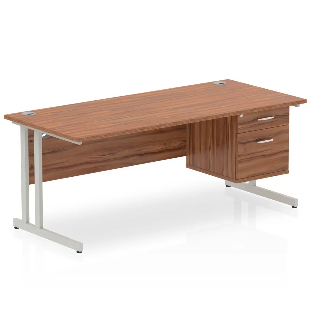 Dynamic Impulse W1800 x D800 x H730mm Straight Office Desk Cantilever Leg With 1 x 2 Drawer Fixed Pedestal Walnut Finish Silver Frame - MI001922