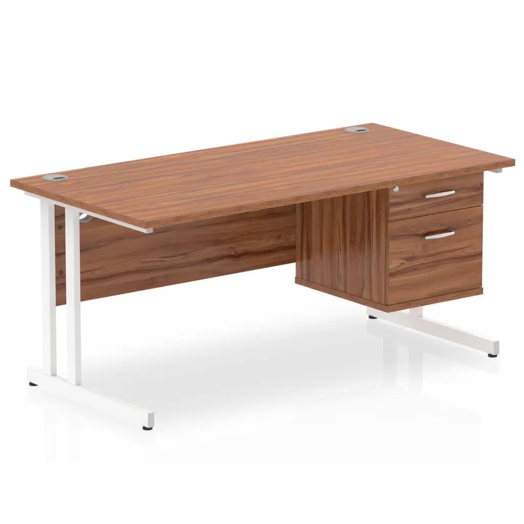 Dynamic Impulse W1600 x D800 x H730mm Straight Office Desk Cantilever Leg With 1 x 2 Drawer Fixed Pedestal Walnut Finish White Frame - MI001925