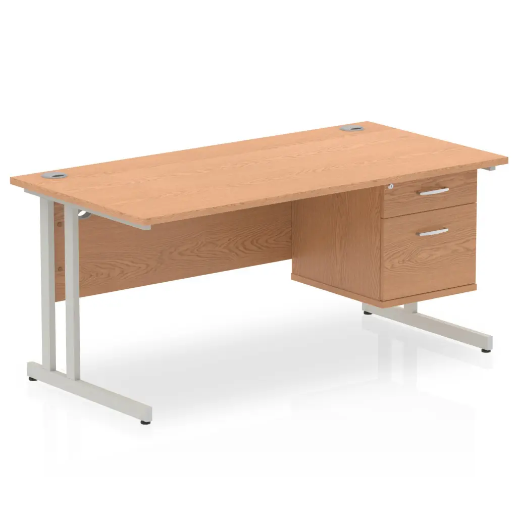 Dynamic Impulse W1600 x D800 x H730mm Straight Office Desk Cantilever Leg With 1 x 2 Drawer Fixed Pedestal Oak Finish Silver Frame - MI002659