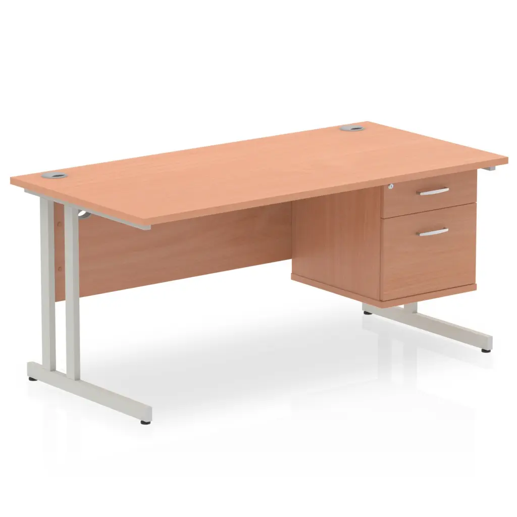 Dynamic Impulse W1600 x D800 x H730mm Straight Office Desk Cantilever Leg With 1 x 2 Drawer Fixed Pedestal Beech Finish Silver Frame - MI001690