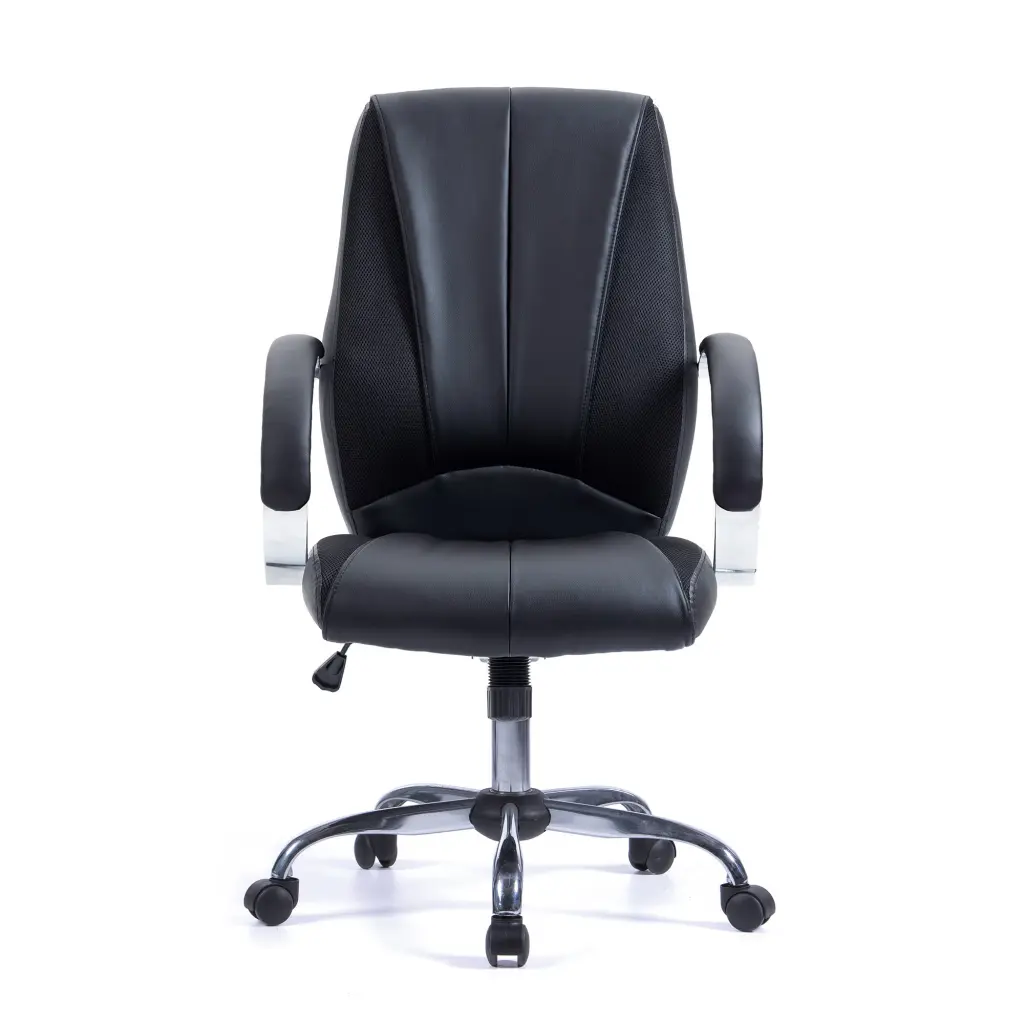 Nautilus Designs Hastings High Back Bonded Leather Executive Office Chair With Mesh Panel Detailing and Fixed Arms Black - BCL/B425/BK