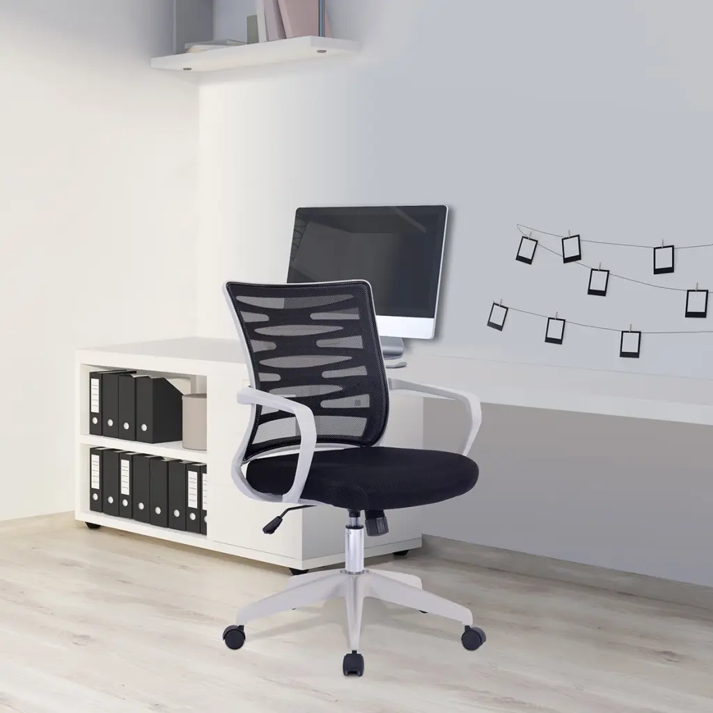 Nautilus Designs Spyro Designer Medium Back Detailed Mesh Task Operator Office Chair With Fixed Arms Black Seat and White Frame - BCM/K488/WH-BK