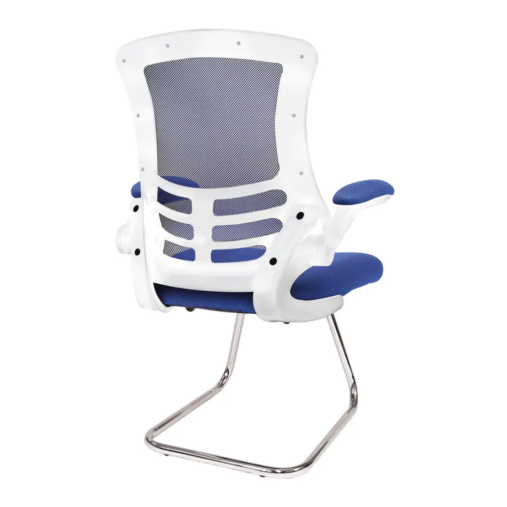 Nautilus Designs Luna Designer High Back Mesh Blue Cantilever Visitor Chair With Folding Arms and White Shell/Chrome Frame - BCM/L1302V/WHBL