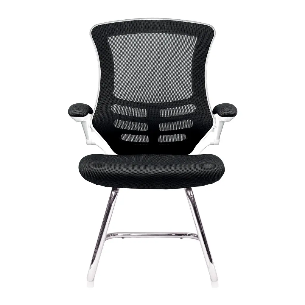 Nautilus Designs Luna Designer High Back Mesh Black Cantilever Visitor Chair With Folding Arms and White Shell/Chrome Frame - BCM/L1302V/WHBK