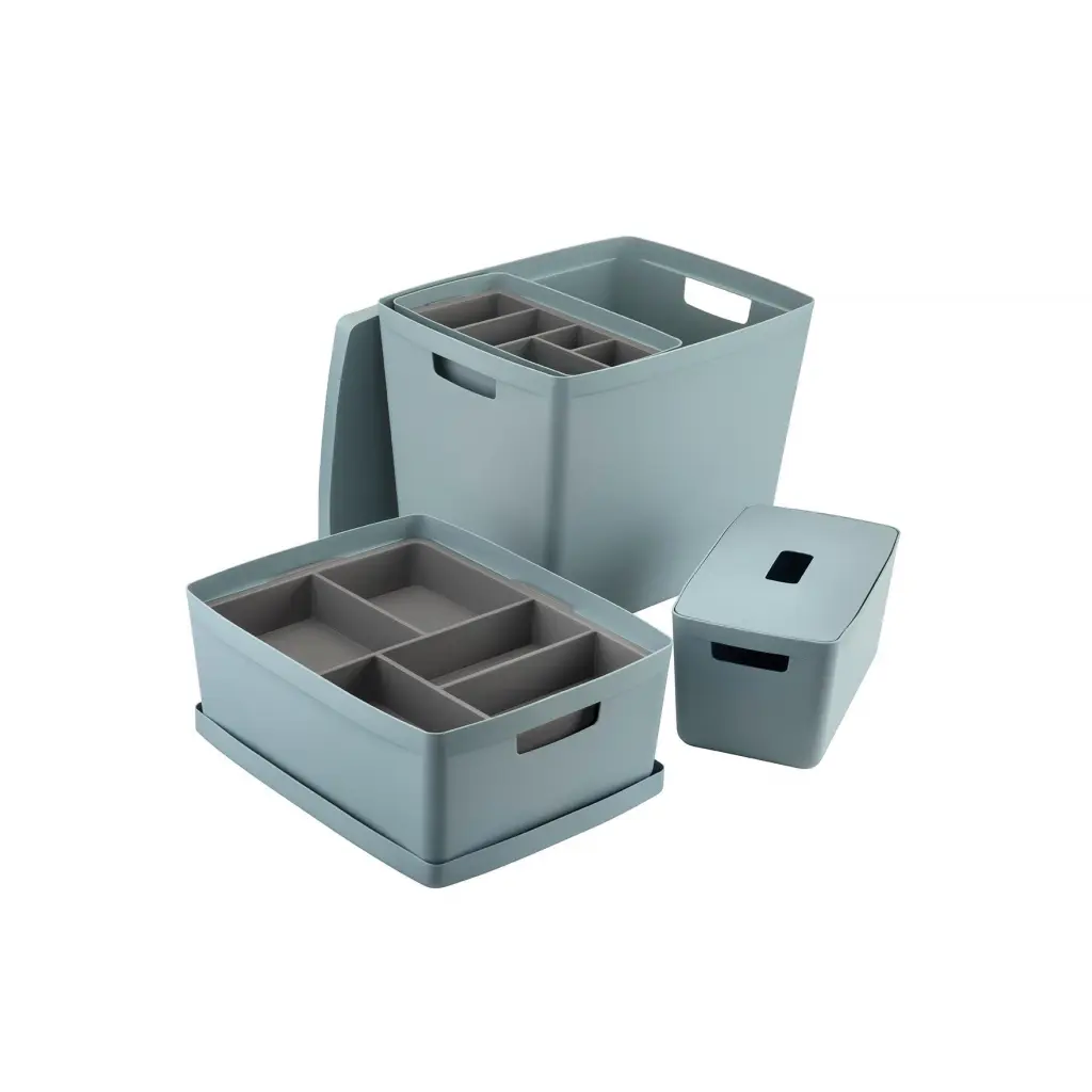 Inabox Designer Storage Boxes With Lids and Trays Large Value Pack (2 x 8L & 1 x 19L & 1 x 39L & 1 x Small & 1 x Large Tray) Cottage Blue - H-I60650