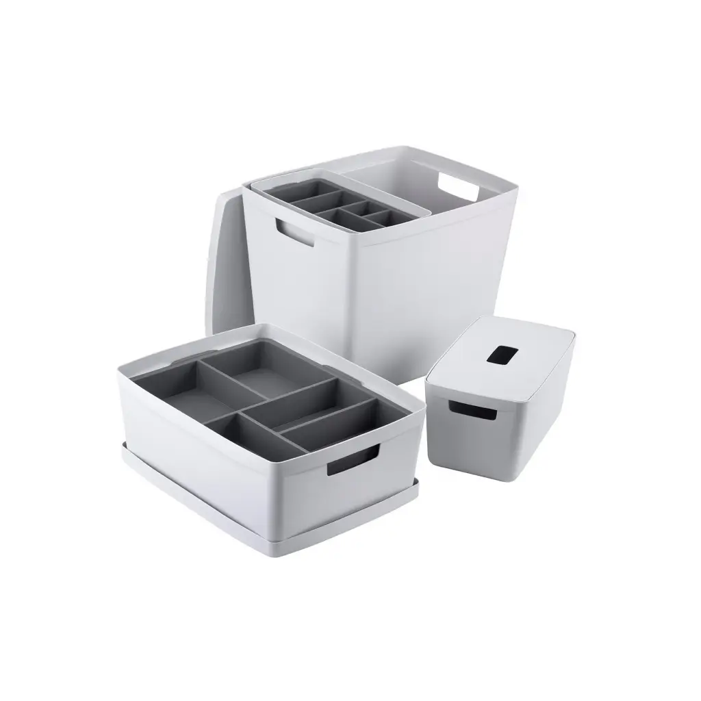 Inabox Designer Storage Boxes With Lids and Trays Large Value Pack (2 x 8L & 1 x 19L & 1 x 39L & 1 x Small & 1 x Large Tray) Windmill White - H-I60648