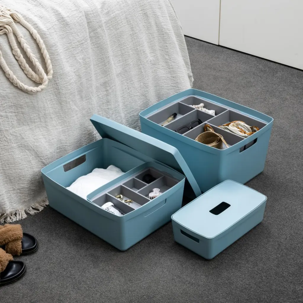 Inabox Designer Storage Boxes With Lids and Trays Small Value Pack (2 x 5L & 1 x 19L & 1 x 28L & 1 x Small & 1 x Large Tray) Cactus Blue - H-I60661