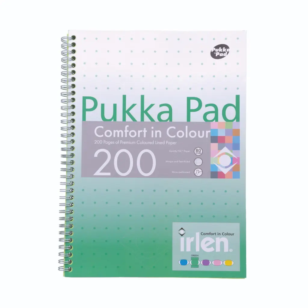 Pukka Pads Irlen Jotta A4 Wirebound 200 Green Perforated Pages Paper Tinted Ruling With Margin (Pack 3) - IRLJOTA4(GREEN)