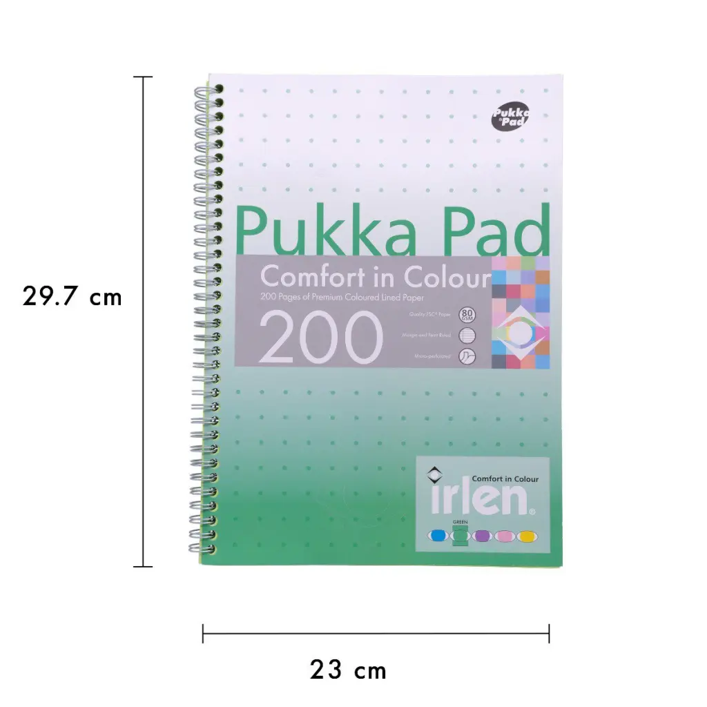 Pukka Pads Irlen Jotta A4 Wirebound 200 Green Perforated Pages Paper Tinted Ruling With Margin (Pack 3) - IRLJOTA4(GREEN)