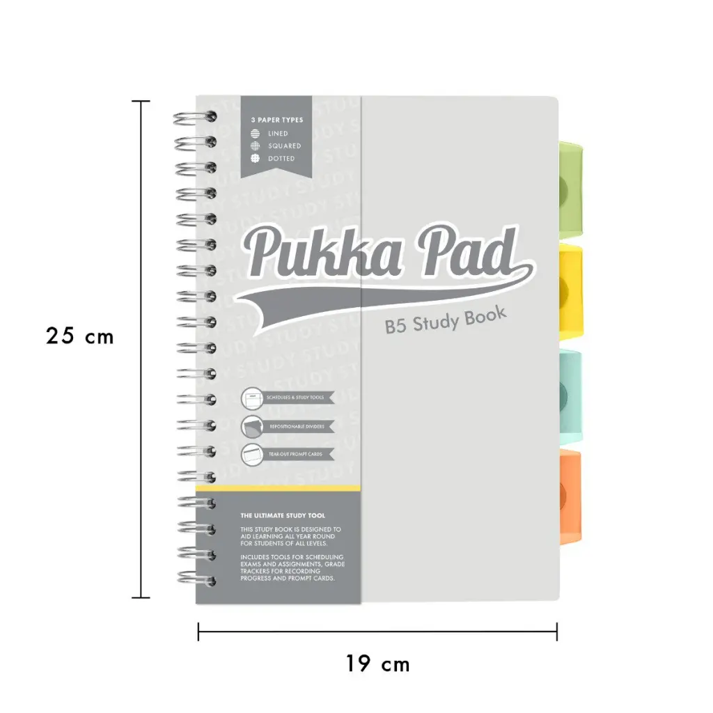 Pukka Pads Study Book B5 181 x 257mm 4 Coloured Dividers 3 Paper Types Includes Revision Cards Grey (Pack1) - 9824-STU