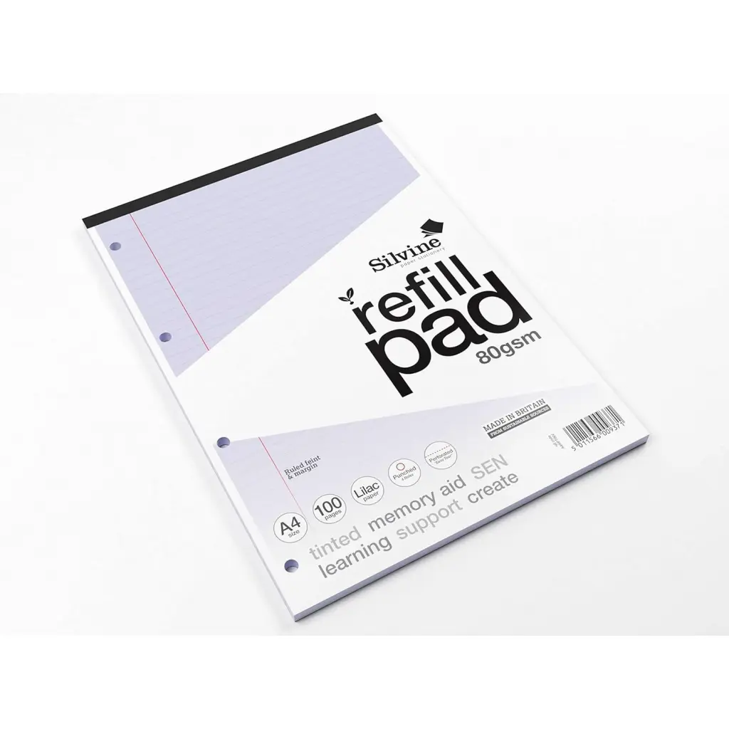 Silvine SEN Refill Pad A4 With Tinted Coloured Papers 100 Page Ruled With Margin 4 Hole Punched Lilac (Pack 6) - A4RPTINV