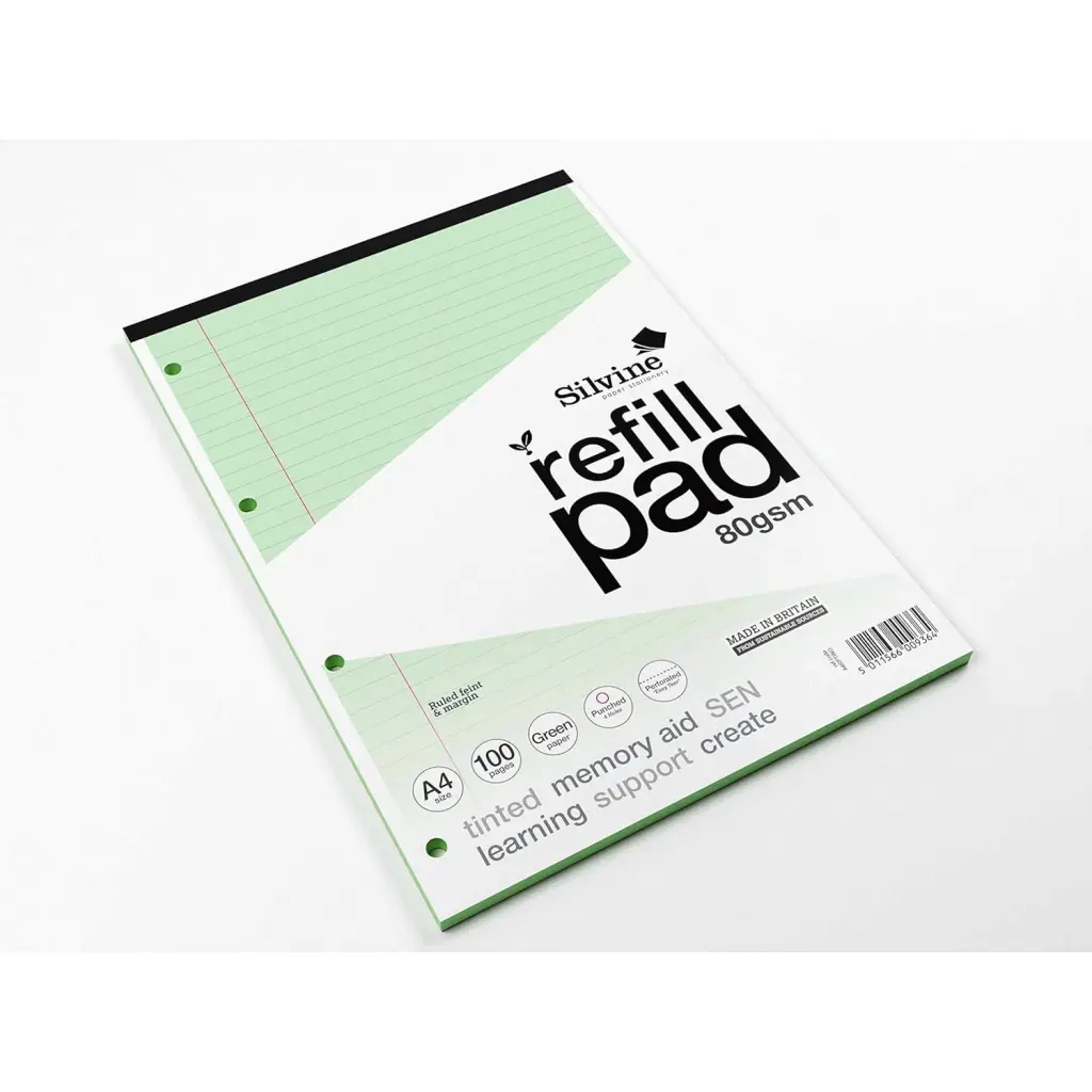 Silvine SEN Refill Pad A4 With Tinted Coloured Papers 100 Page Ruled With Margin 4 Hole Punched Green (Pack 6) - A4RPTING