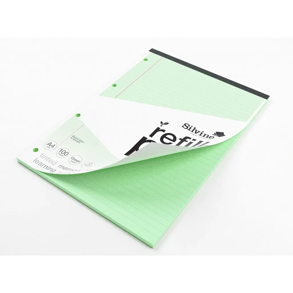 Silvine SEN Refill Pad A4 With Tinted Coloured Papers 100 Page Ruled With Margin 4 Hole Punched Green (Pack 6) - A4RPTING