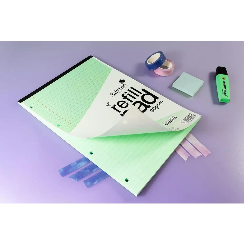 Silvine SEN Refill Pad A4 With Tinted Coloured Papers 100 Page Ruled With Margin 4 Hole Punched Green (Pack 6) - A4RPTING