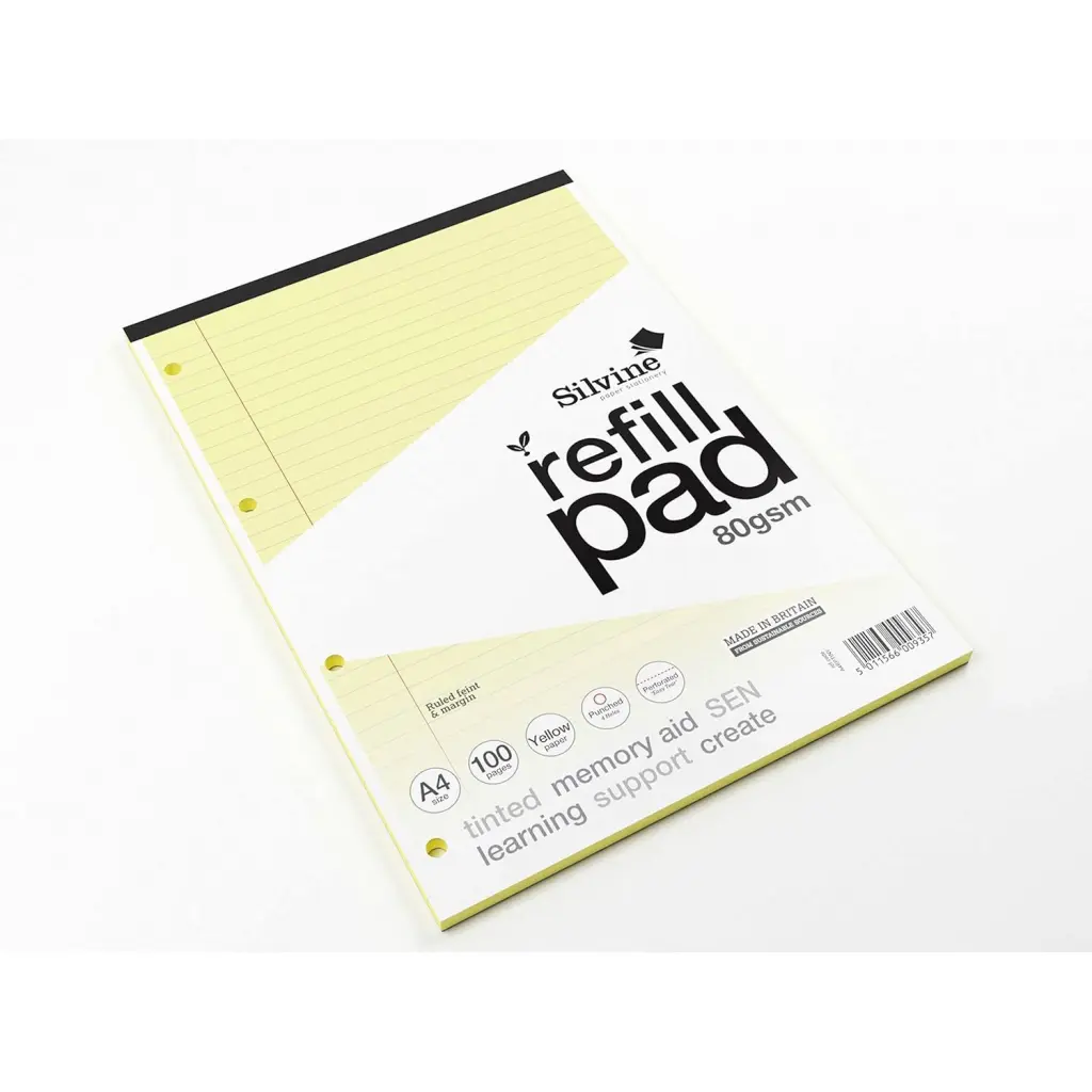 Silvine SEN Refill Pad A4 With Tinted Coloured Papers 100 Page Ruled With Margin 4 Hole Punched Yellow (Pack 6) - A4RPTINY