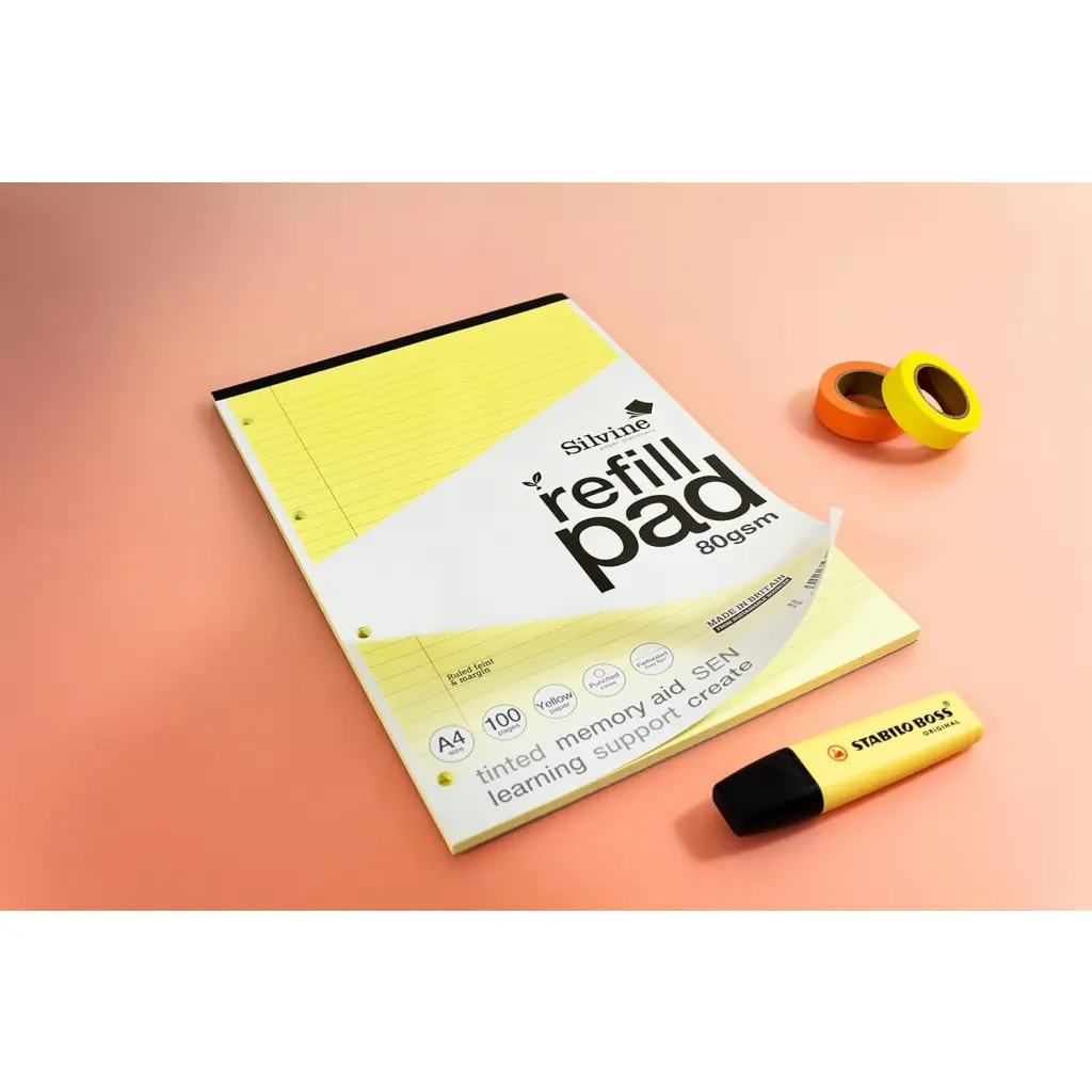 Silvine SEN Refill Pad A4 With Tinted Coloured Papers 100 Page Ruled With Margin 4 Hole Punched Yellow (Pack 6) - A4RPTINY