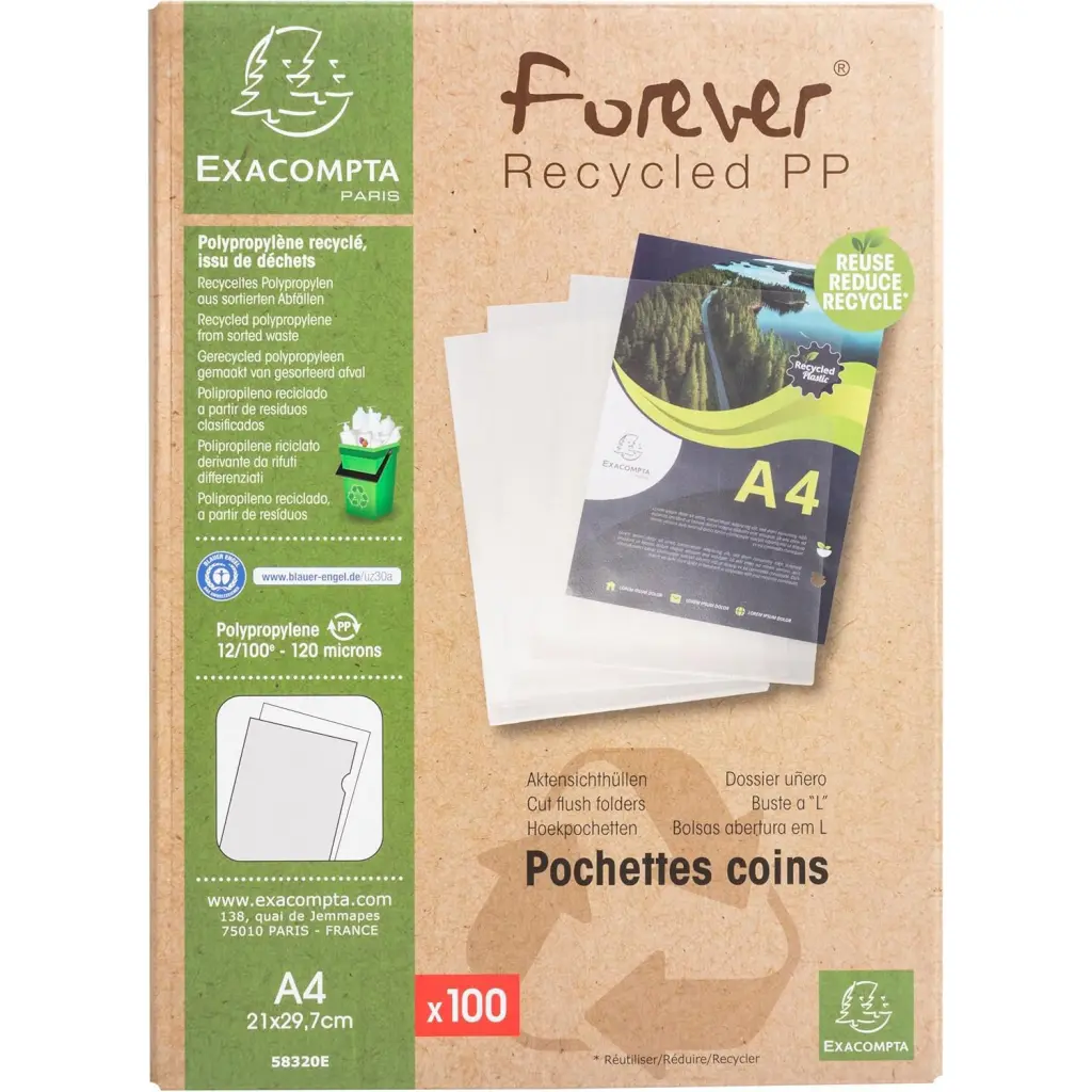 Exacompta Forever Recycled Polypropylene Cut Flush Folders A4 120 Micron PK100 - 58320E