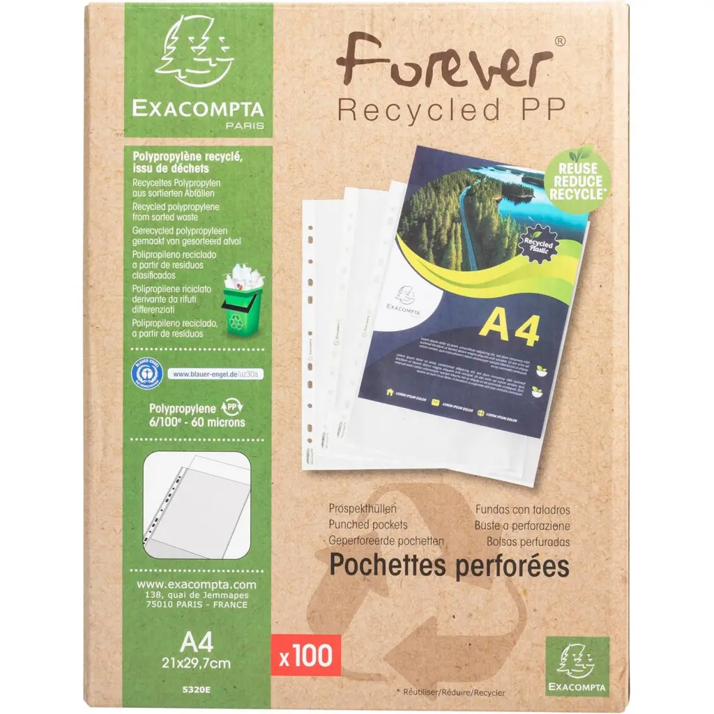 Exacompta Forever Recycled Punched Pockets A4 60 Micron PK100 - 5320E