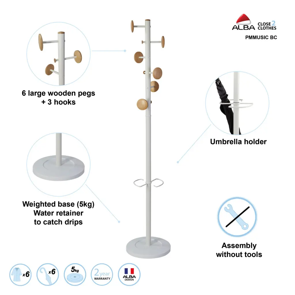 Alba Music Coat Stand 6 Pegs Wood and White - PMMUSIC BC