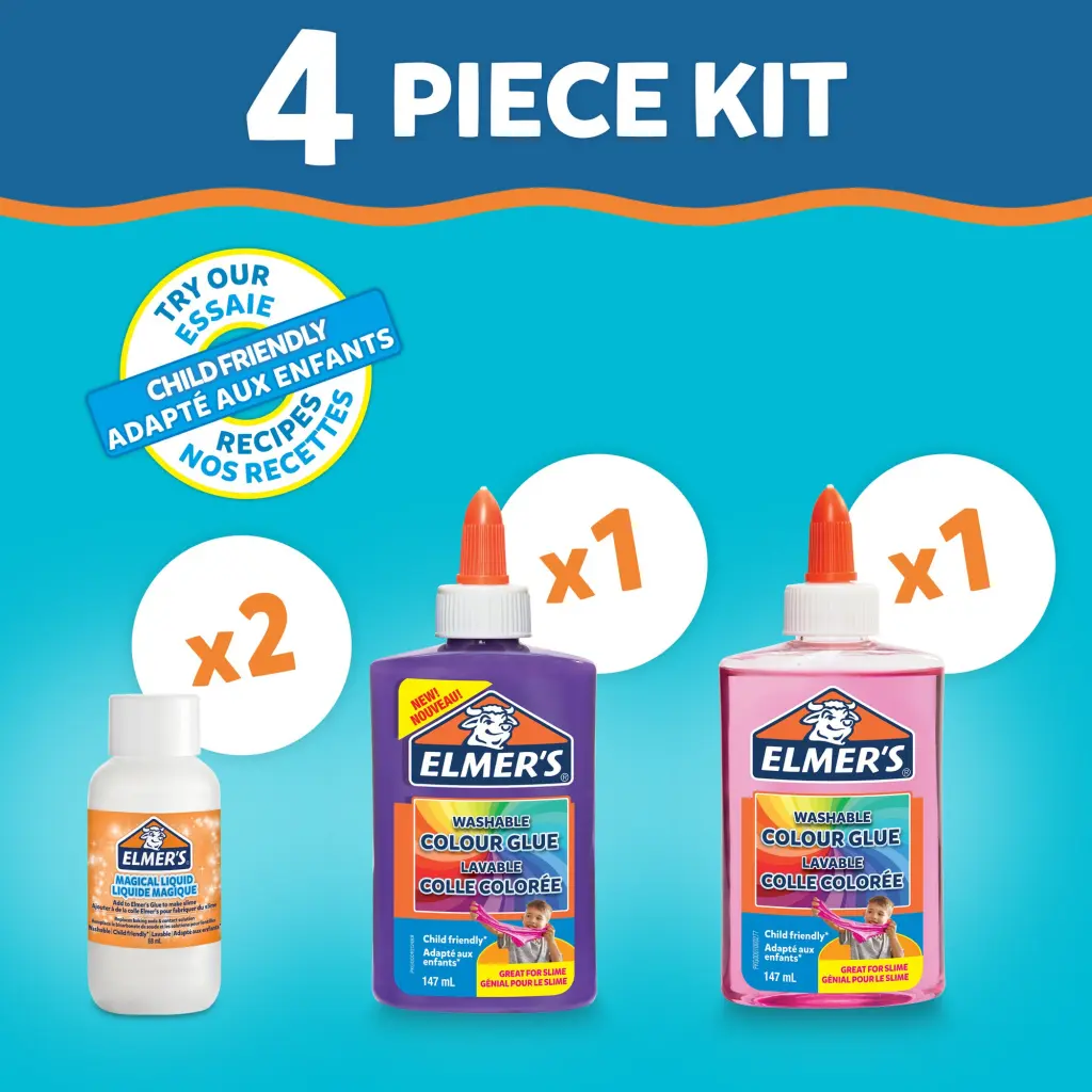 Elmers Colour Slime Kit Includes Washable Colour PVA Glue In Assorted Colours With Magical Liquid Slime Activator - 4 Piece Kit - 2109506