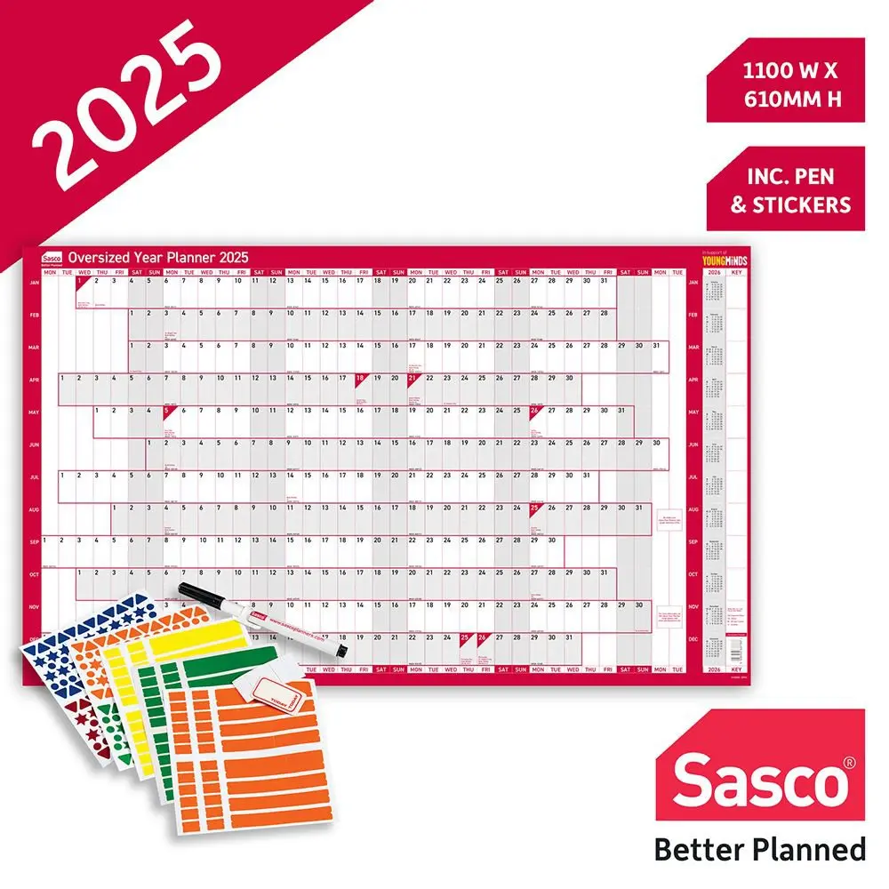 Sasco 2025 Original Year Wall Planner Oversize 1100W x 610mmH With Wet Wipe Pen & Sticker Pack Unmounted - 2410240