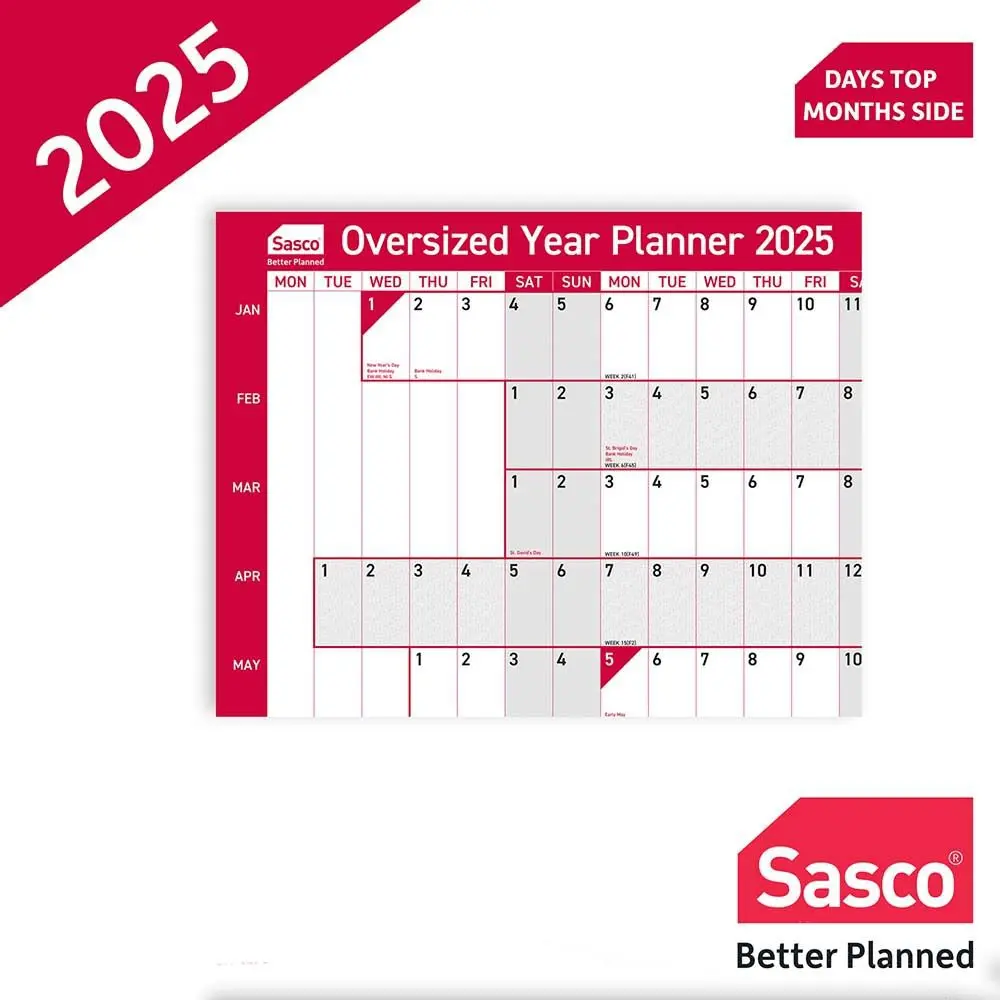 Sasco 2025 Original Year Wall Planner Oversize 1100W x 610mmH With Wet Wipe Pen & Sticker Pack Unmounted - 2410240