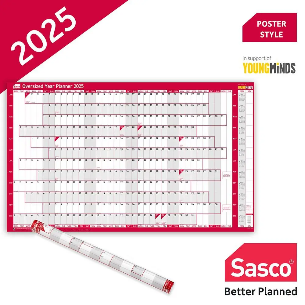 Sasco 2025 Original Year Wall Planner Oversize 1100W x 610mmH With Wet Wipe Pen & Sticker Pack Unmounted - 2410240