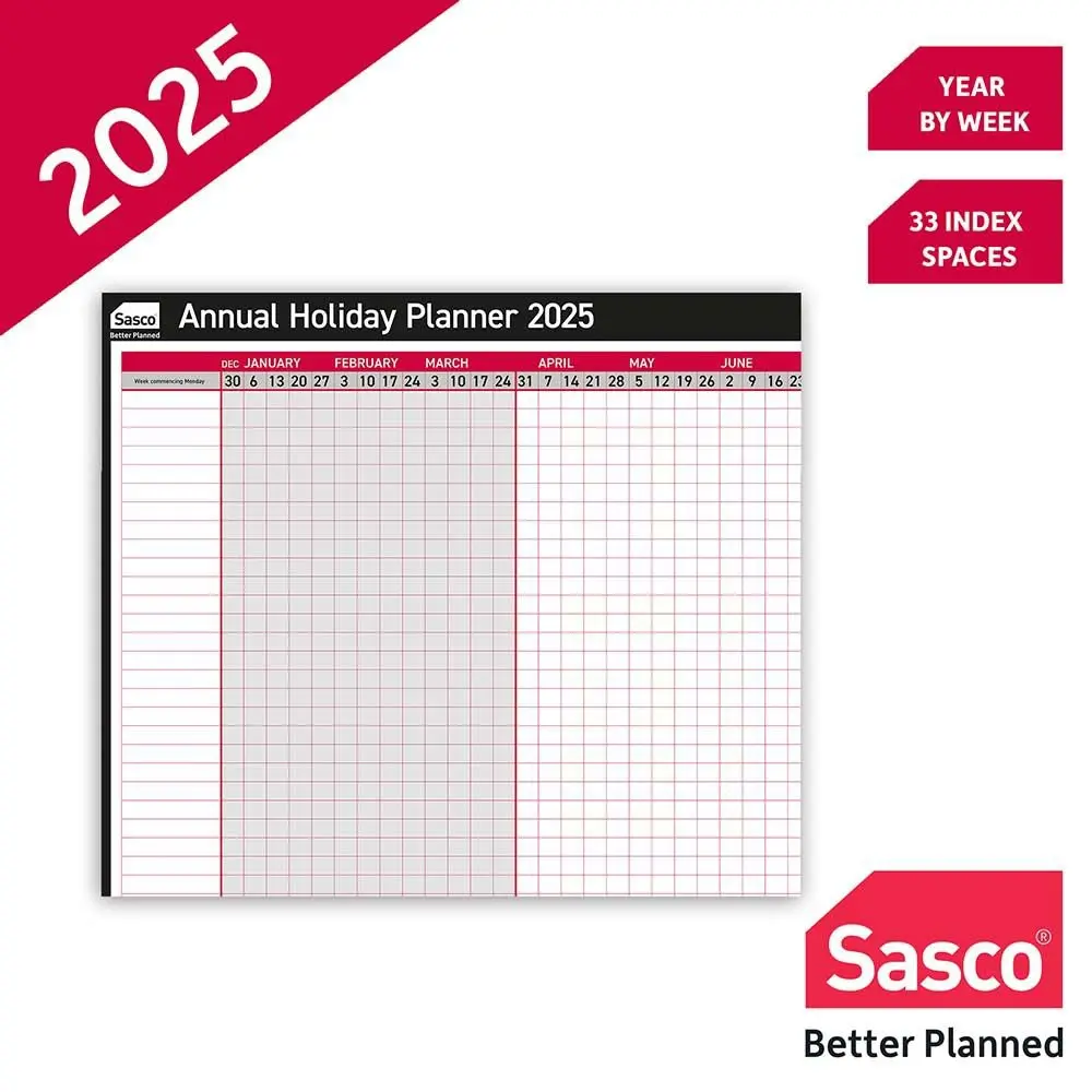 Sasco 2025 Annual Holiday Year Wall Planner 750W x 410Hmm With Wet Wipe Pen & Sticker Pack Unmounted - 2410254