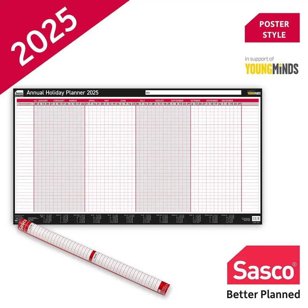 Sasco 2025 Annual Holiday Year Wall Planner 750W x 410Hmm With Wet Wipe Pen & Sticker Pack Unmounted - 2410254