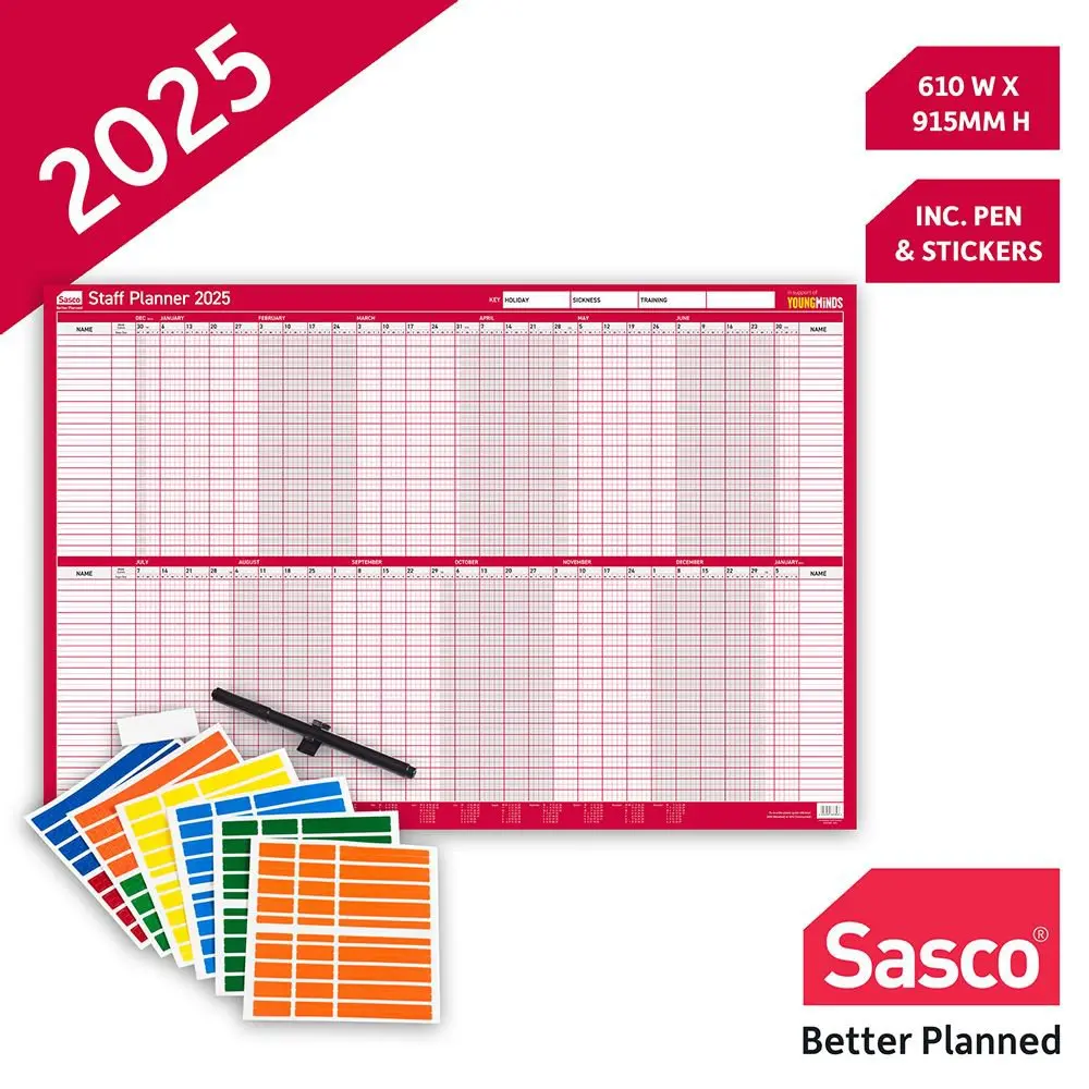 Sasco 2025 Staff Year Wall Planner 915W x 610mmH With Wet Wipe Pen & Sticker Pack Unmounted - 2410253