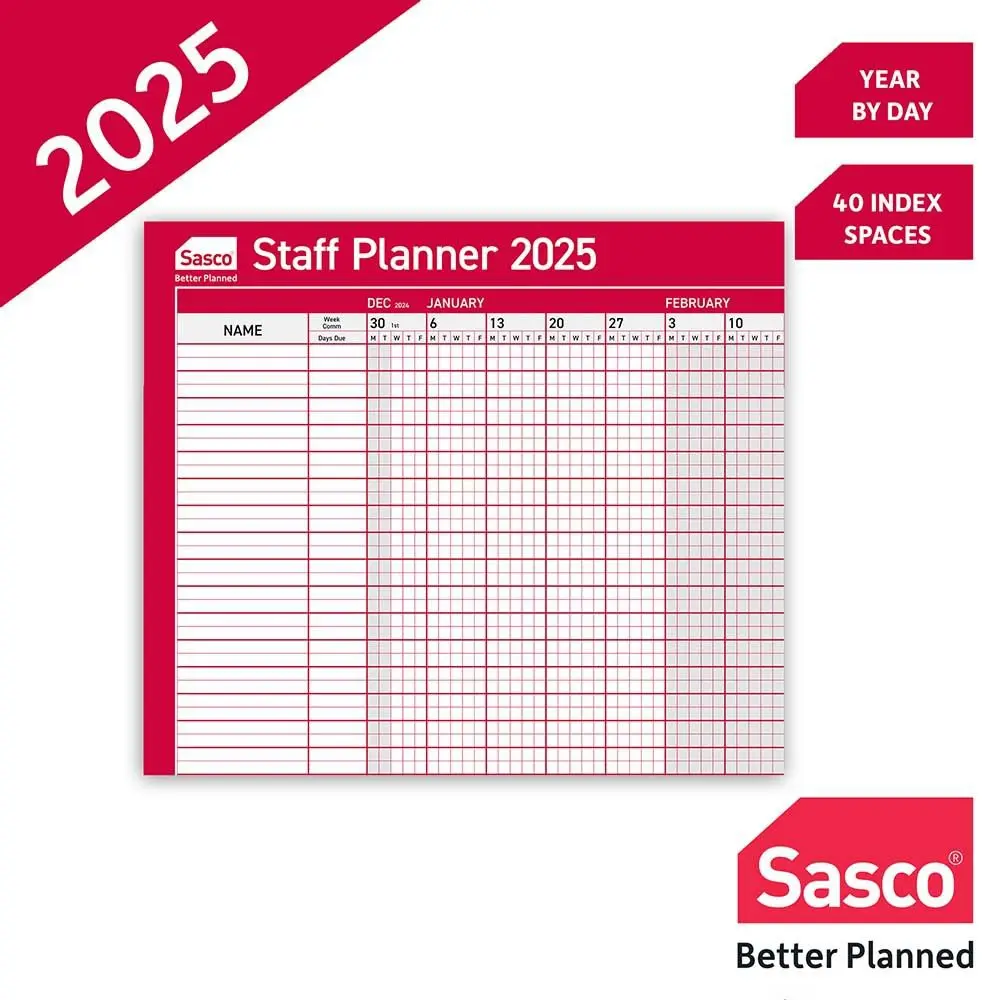 Sasco 2025 Staff Year Wall Planner 915W x 610mmH With Wet Wipe Pen & Sticker Pack Unmounted - 2410253