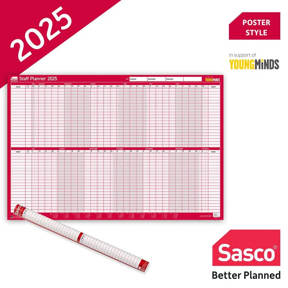 Sasco 2025 Staff Year Wall Planner 915W x 610mmH With Wet Wipe Pen & Sticker Pack Unmounted - 2410253