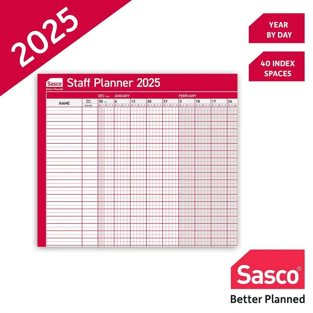 Sasco 2025 Staff Year Wall Planner 915W x 610mmH With Wet Wipe Pen & Sticker Pack Board Mounted - 2410252