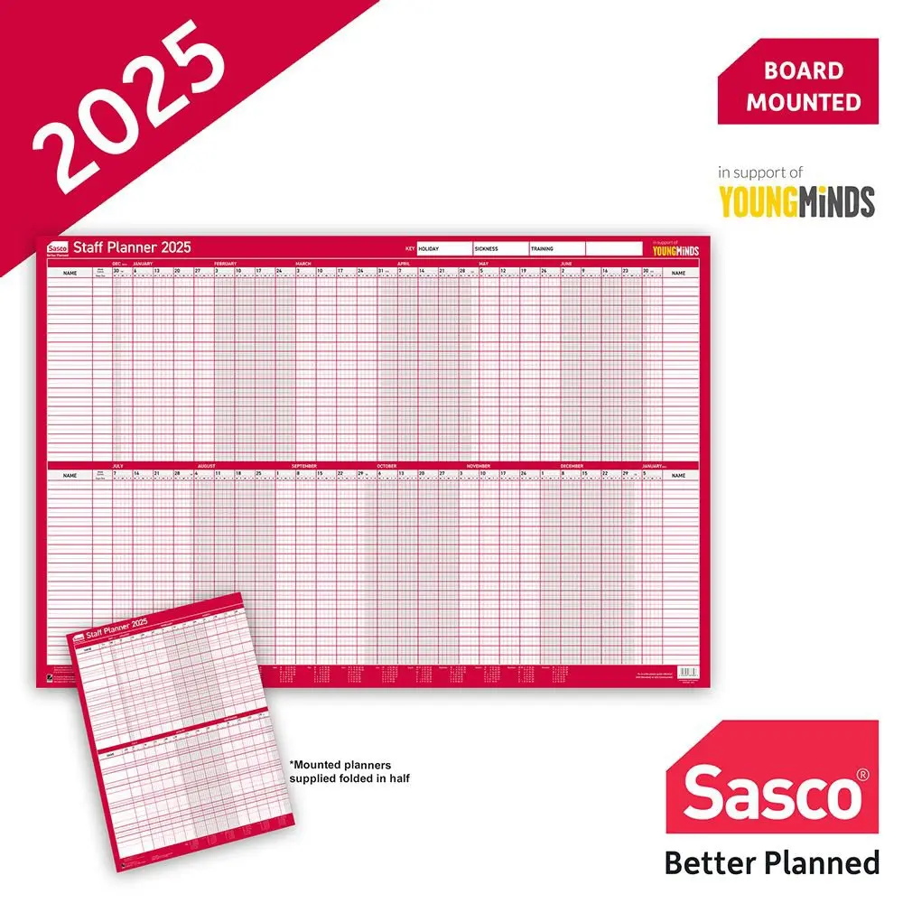 Sasco 2025 Staff Year Wall Planner 915W x 610mmH With Wet Wipe Pen & Sticker Pack Board Mounted - 2410252