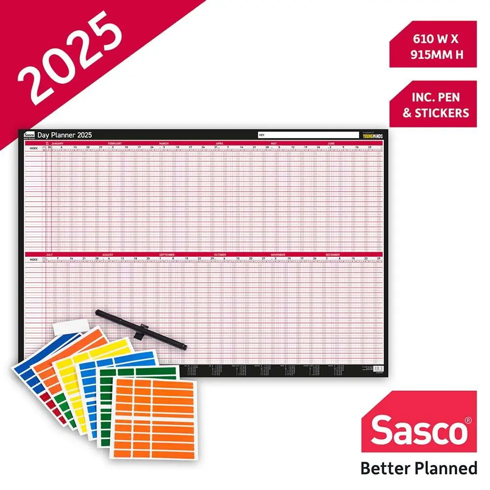 Sasco 2025 Day Wall Planner 915W x 610mmH With Wet Wipe Pen & Sticker Pack Board Mounted - 2410248